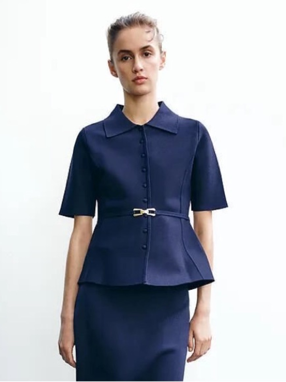 NWT Zara Ink Blue Viscose Blend Knit Belted Jacket